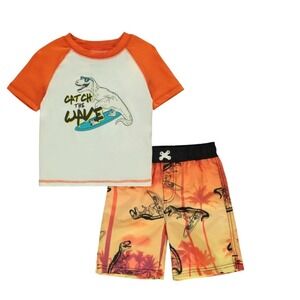 iXtreme Kids Dinosaur Surfing Rash Guard and Swim Trunks Set Orange 24M NEW